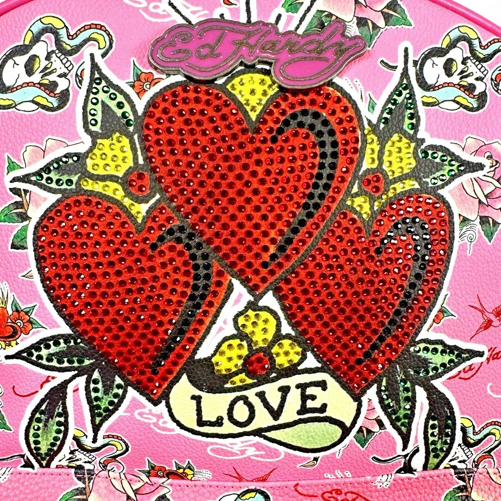 Ed Hardy Pink Multi Backpack NWT Rhinestone Hearts Skull Rose Tattoo Print Bag
